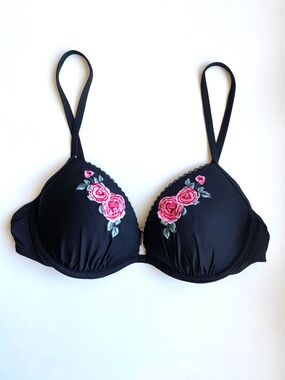 Design Lab Lord & Taylor Black Push-Up Bikini Top Pink Rose Embroidery Size M